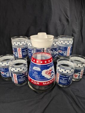 Libbey Apollo Space 11/12/13 Juice Carafe &  Set Of 8 Commemorative Glasses